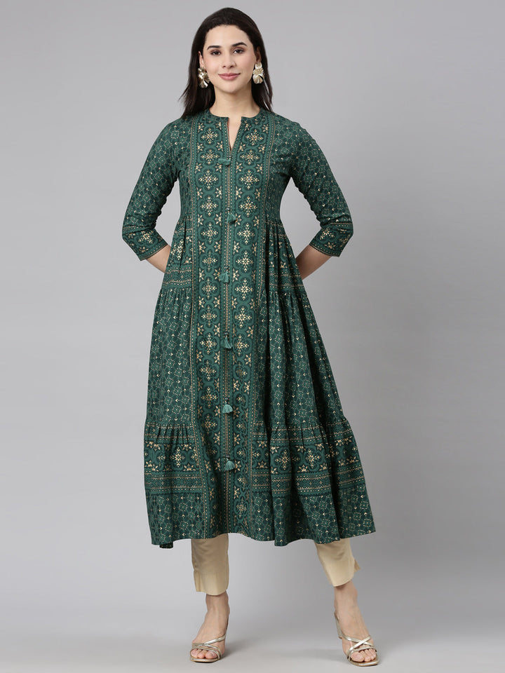 Neerus Green printed flared maxi dress - front view
