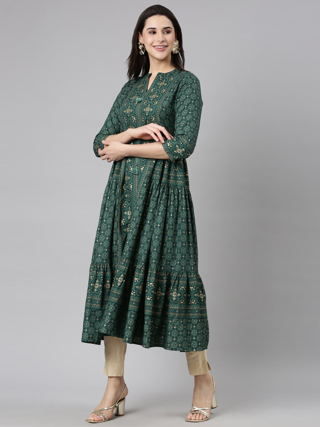 Neerus Green printed flared maxi dress - back view