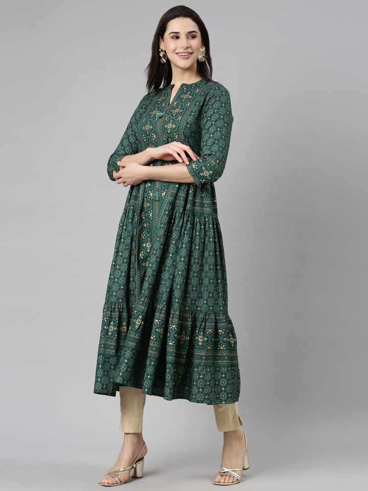 Neerus Green printed flared maxi dress - back view
