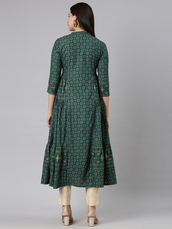Neerus Green printed flared maxi dress - side view