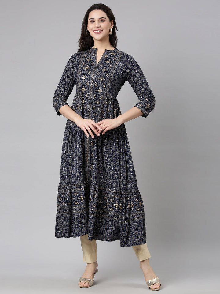 Neerus Blue printed floral maxi dress - front view
