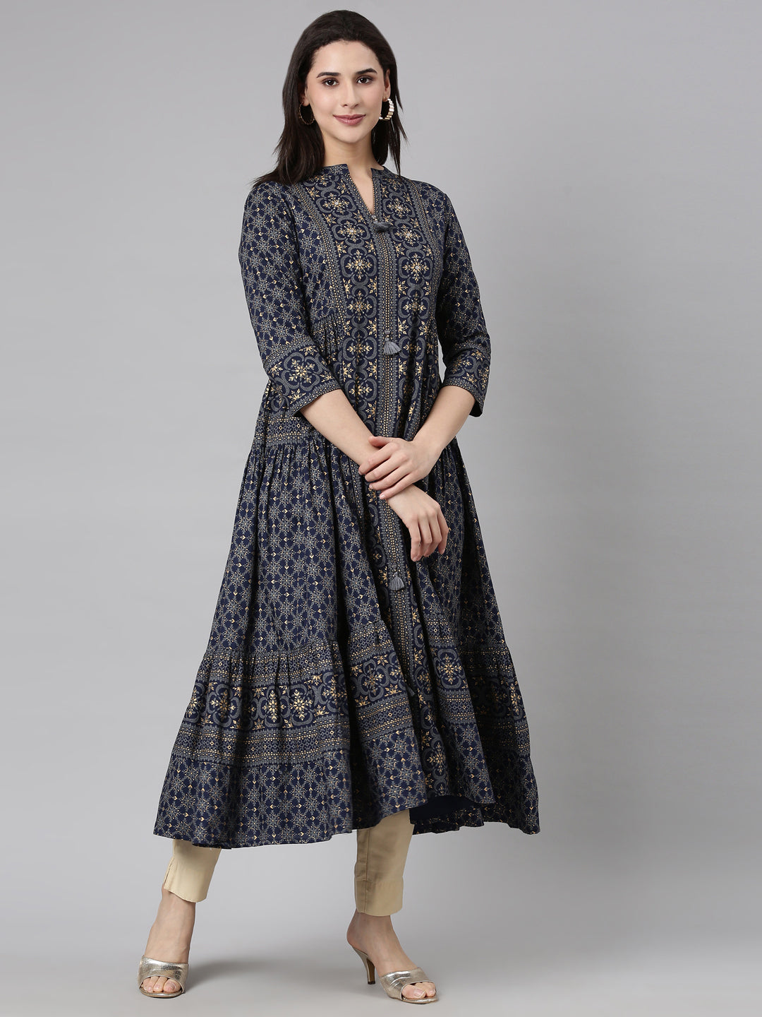Neerus Blue printed floral maxi dress - back view