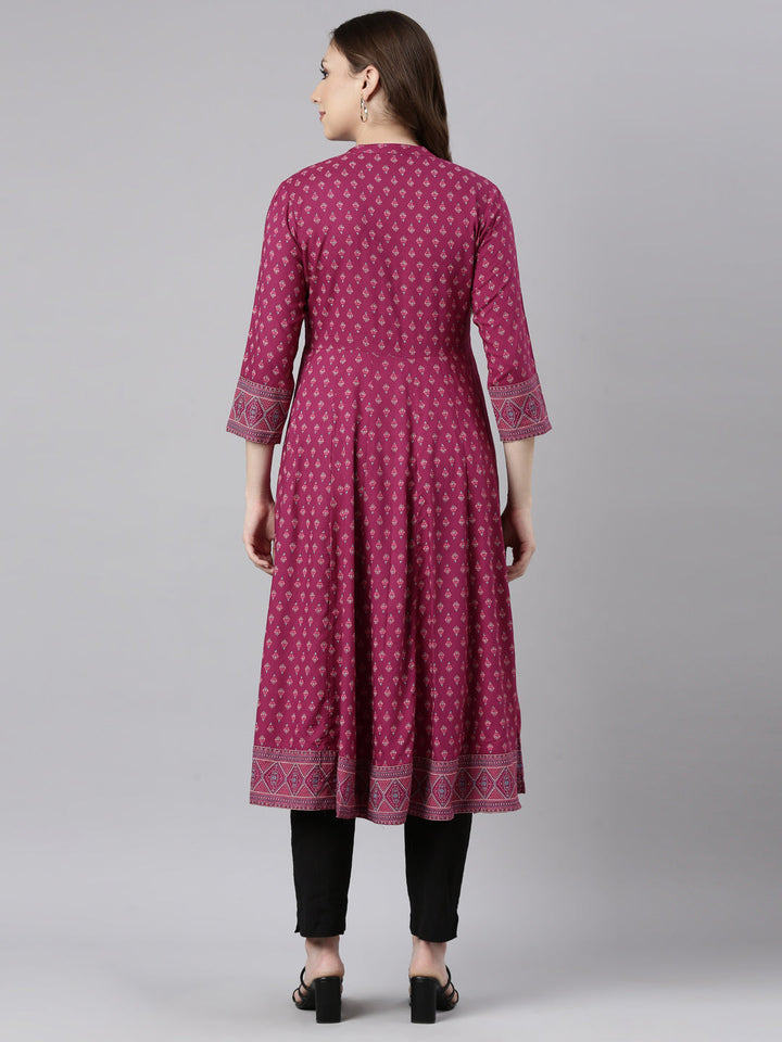 Neerus Pink floral printed straight kurti - side view