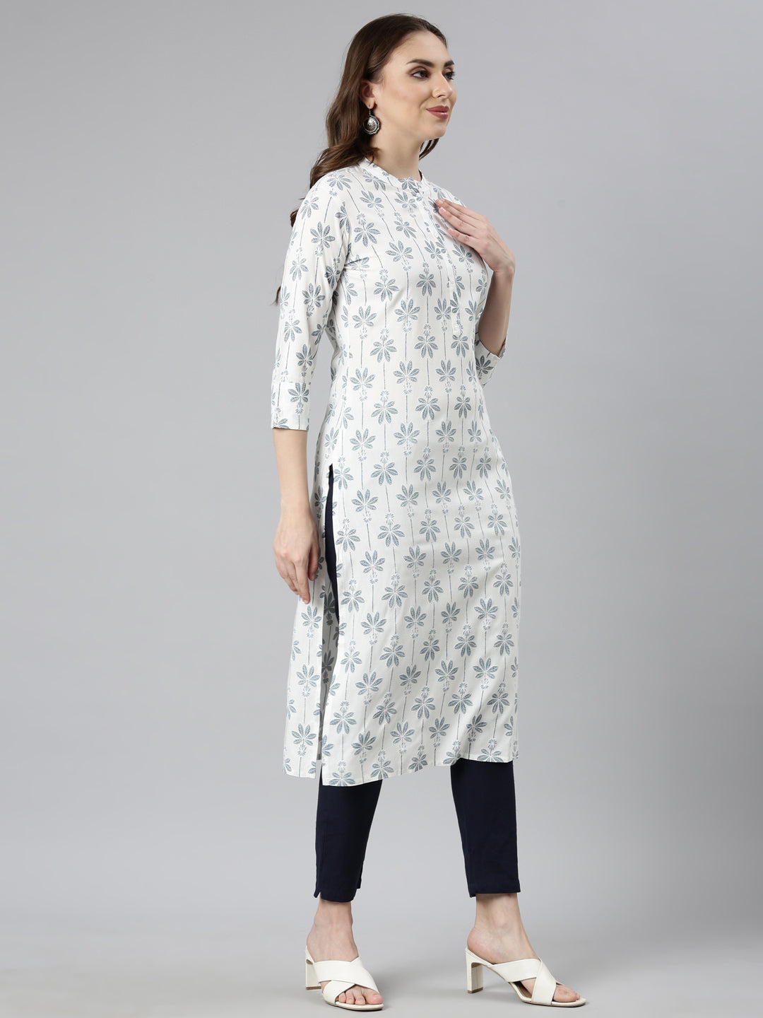 Neerus Blue printed floral straight kurti - back view