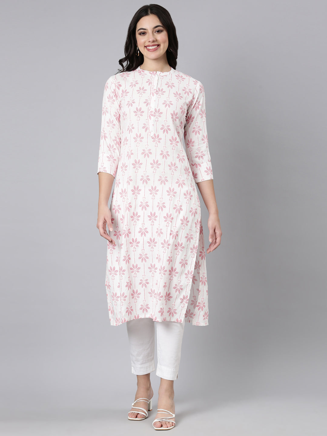Neerus Red printed floral straight kurti - front view