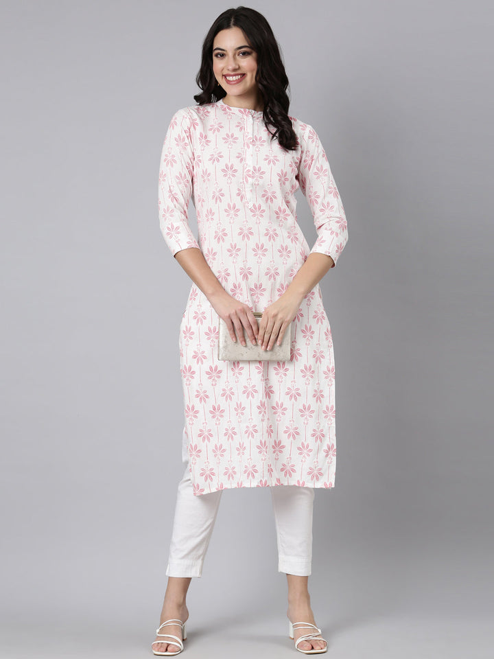 Neerus Red printed floral straight kurti - detail view 1