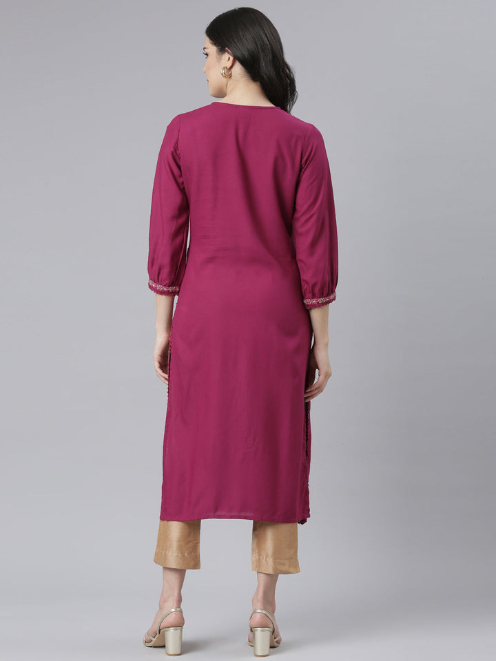 Neerus Pink floral printed straight kurti - side view