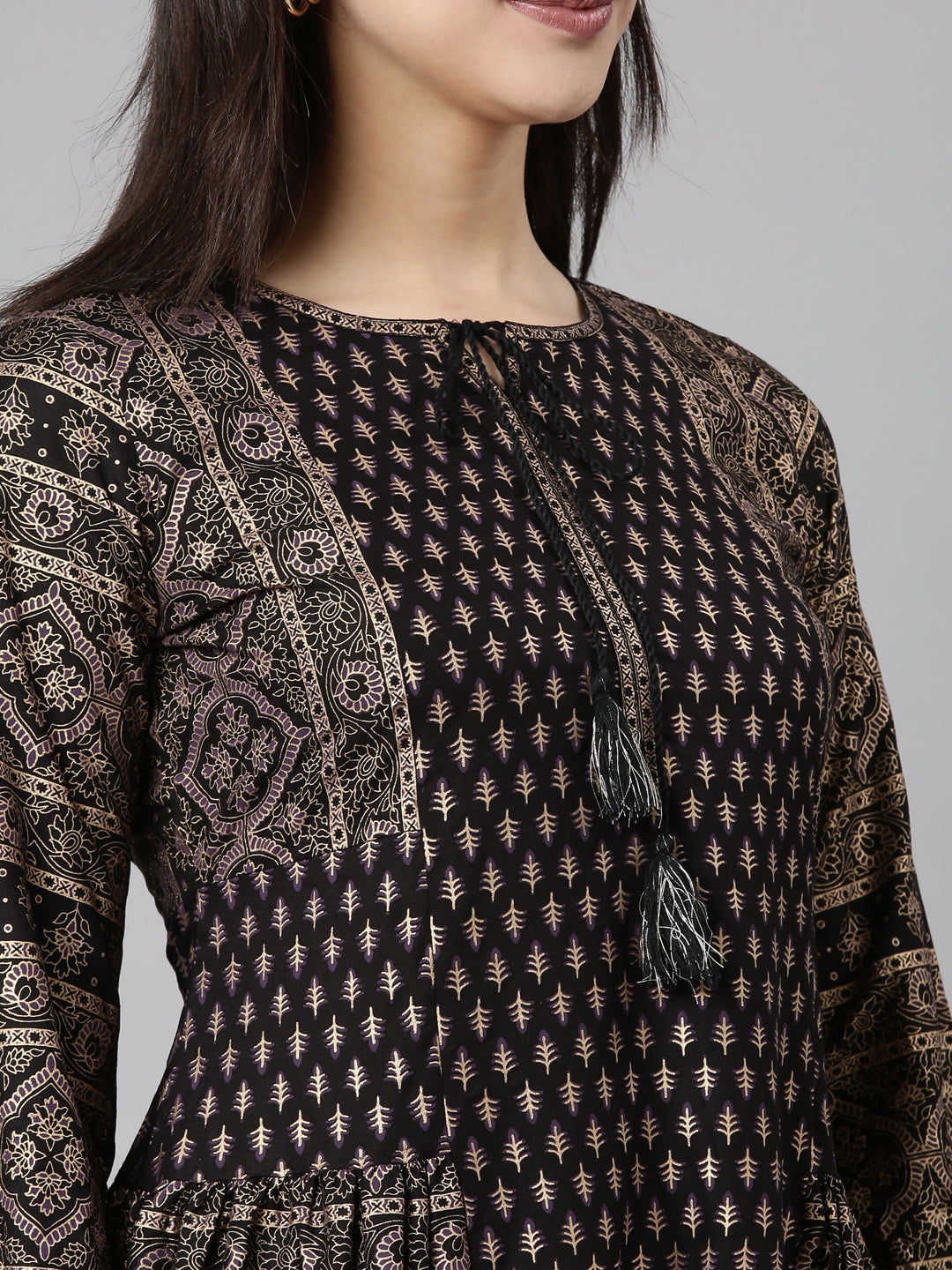 Neerus Black cotton printed floral straight kurti - detail view 1