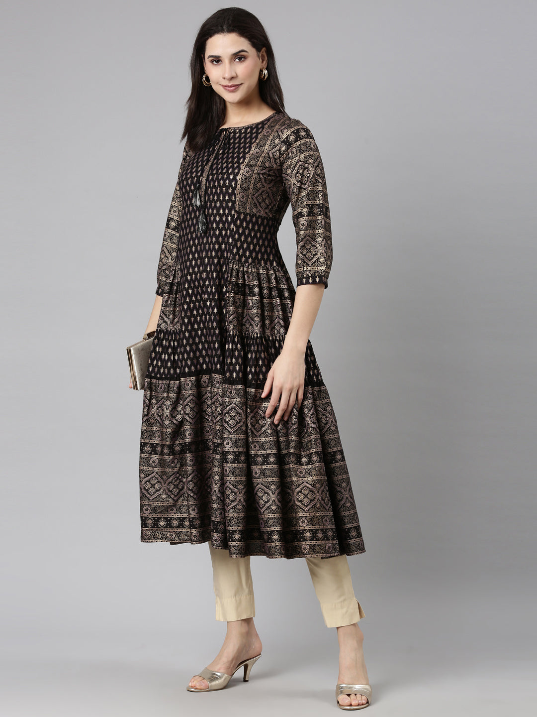 Neerus Black cotton printed floral straight kurti - detail view 2