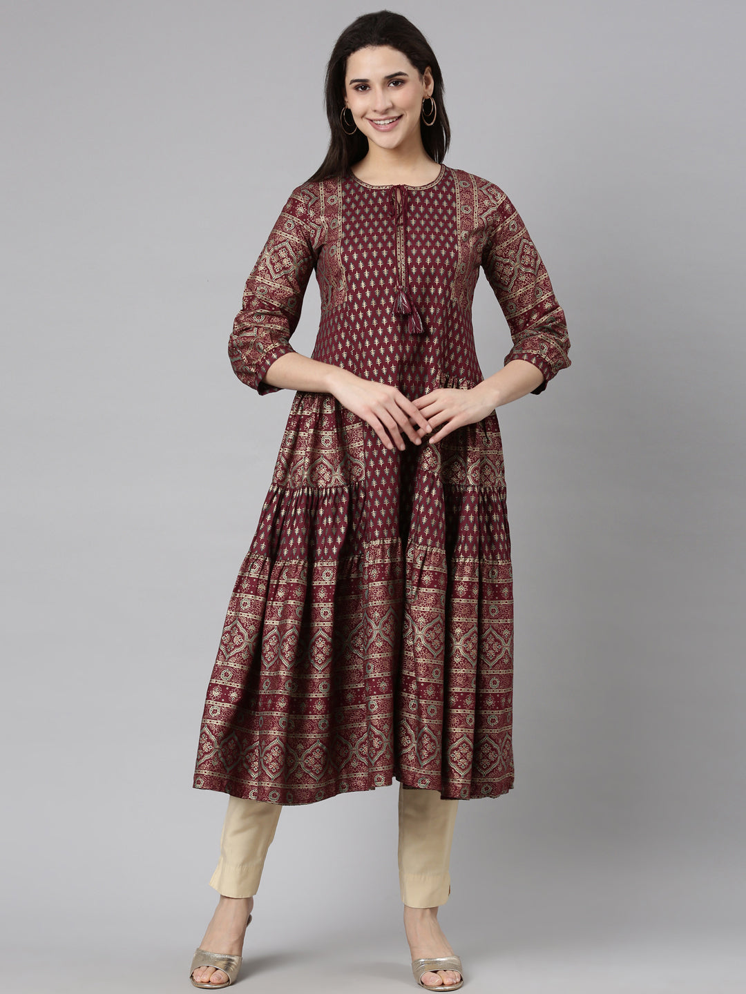 Neerus Purple floral printed straight kurti - front view