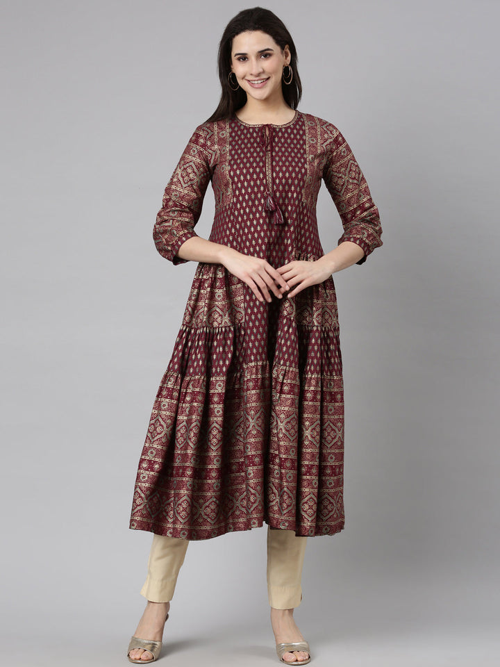 Neerus Purple floral printed straight kurti - front view