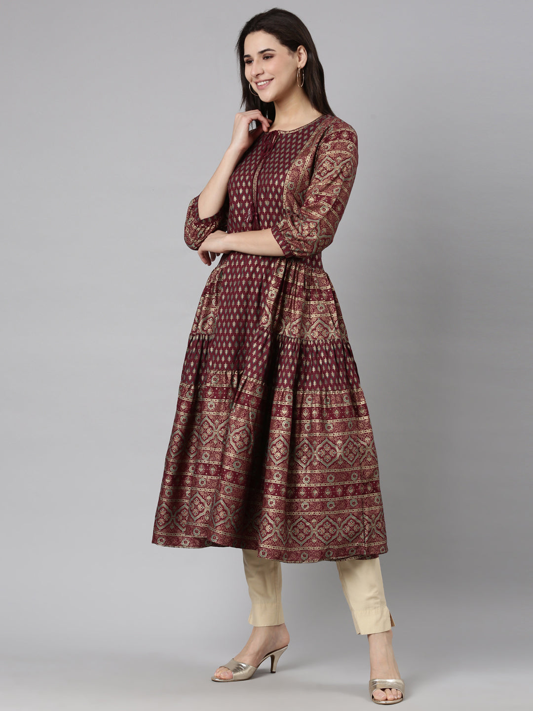 Neerus Purple floral printed straight kurti - back view