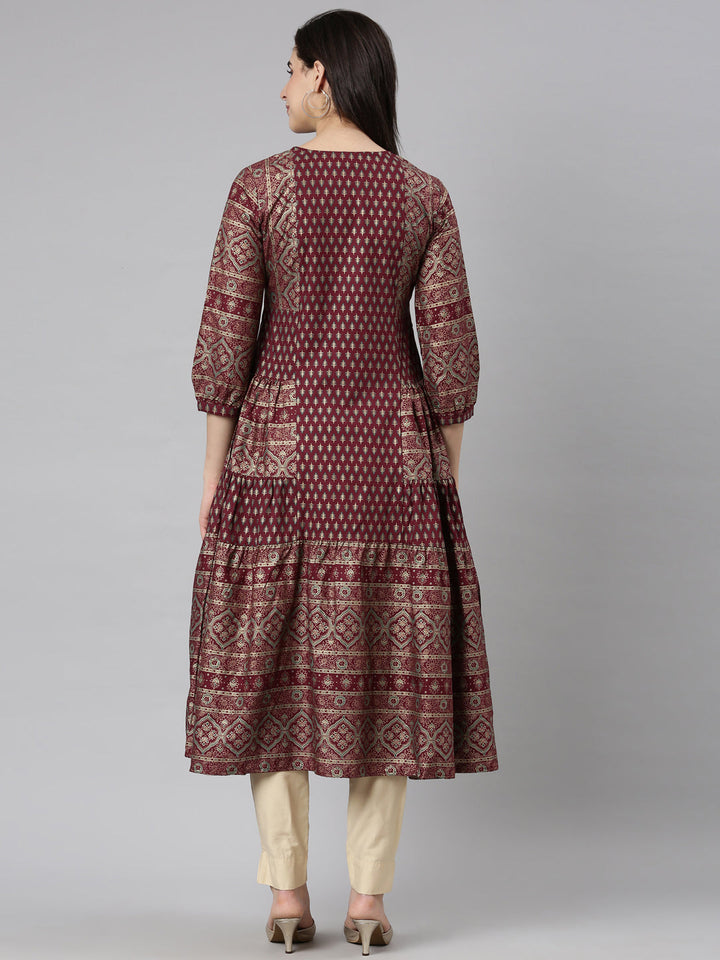 Neerus Purple floral printed straight kurti - side view