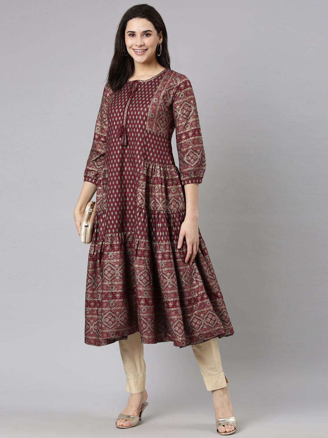 Neerus Purple floral printed straight kurti - detail view 2