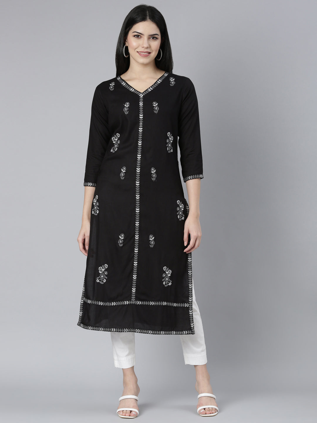 Neerus Black floral printed straight kurti - front view