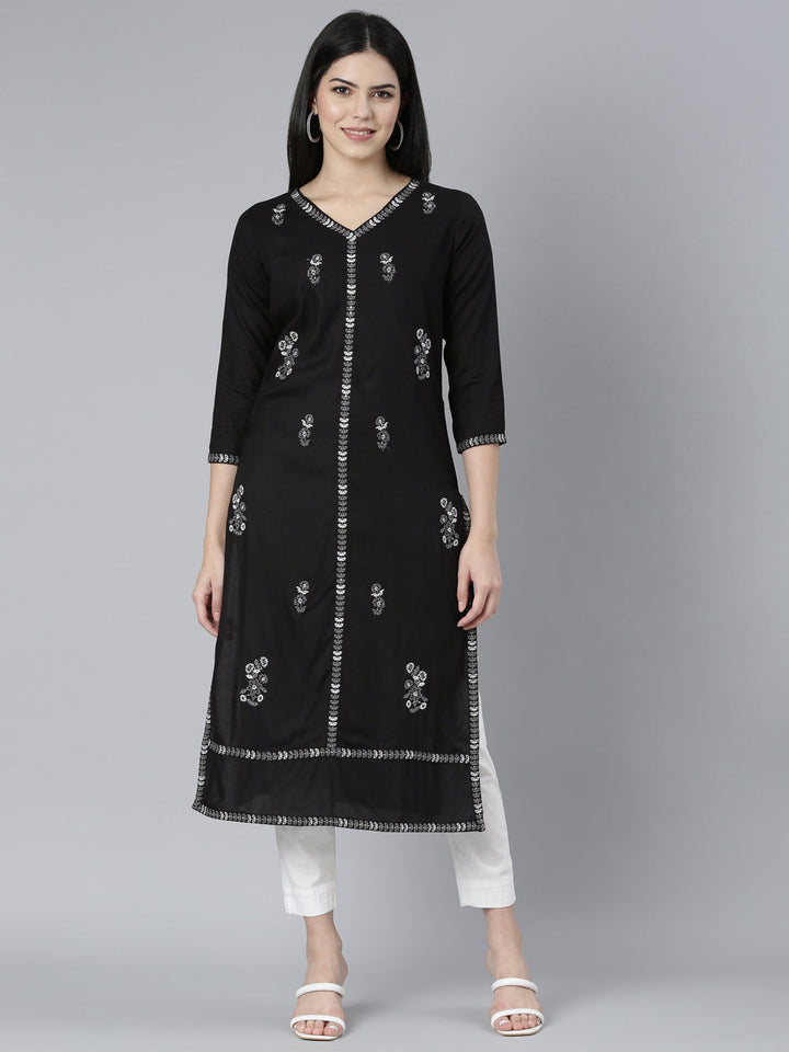 Neerus Black floral printed straight kurti - front view