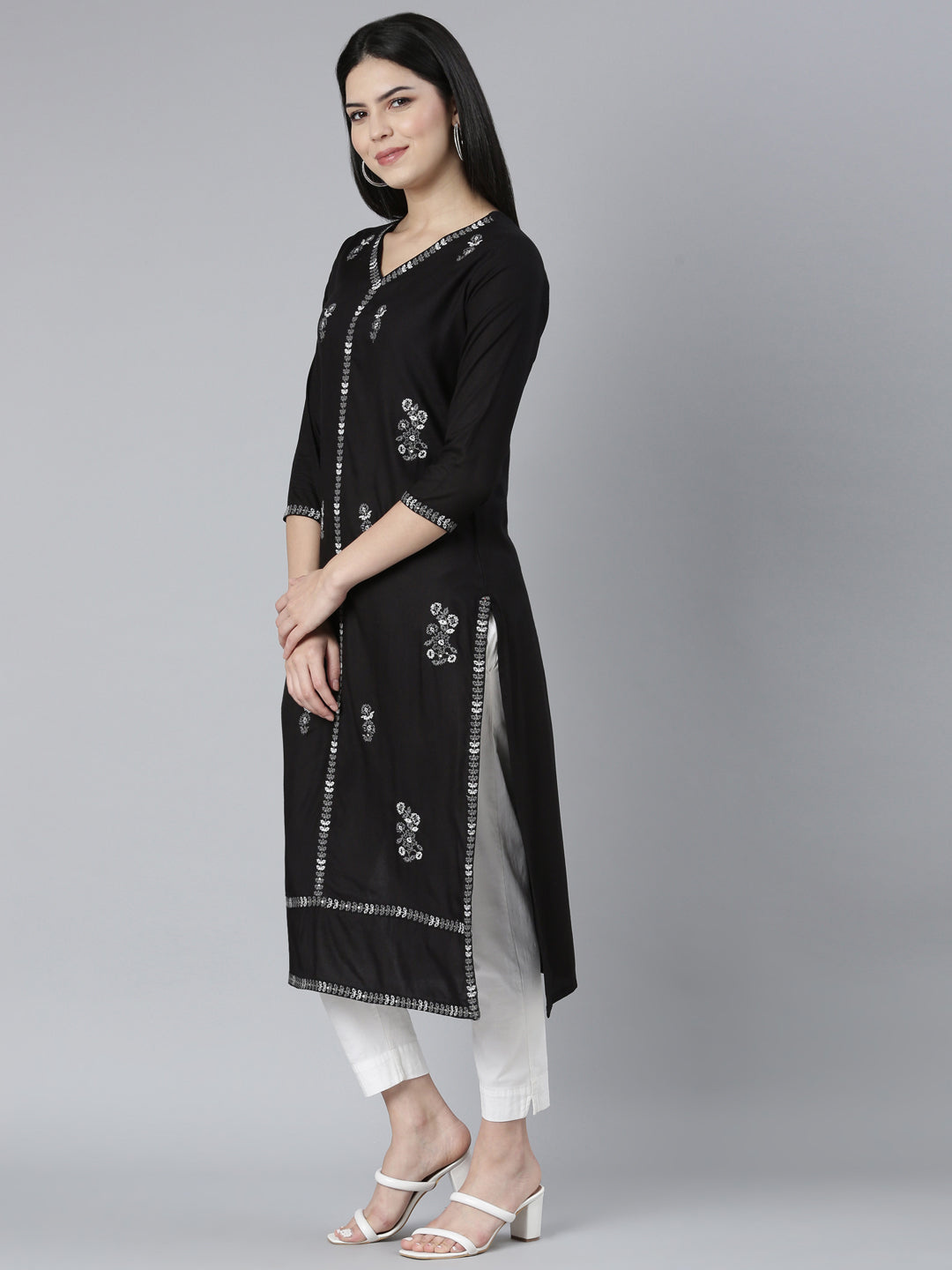 Neerus Black floral printed straight kurti - back view