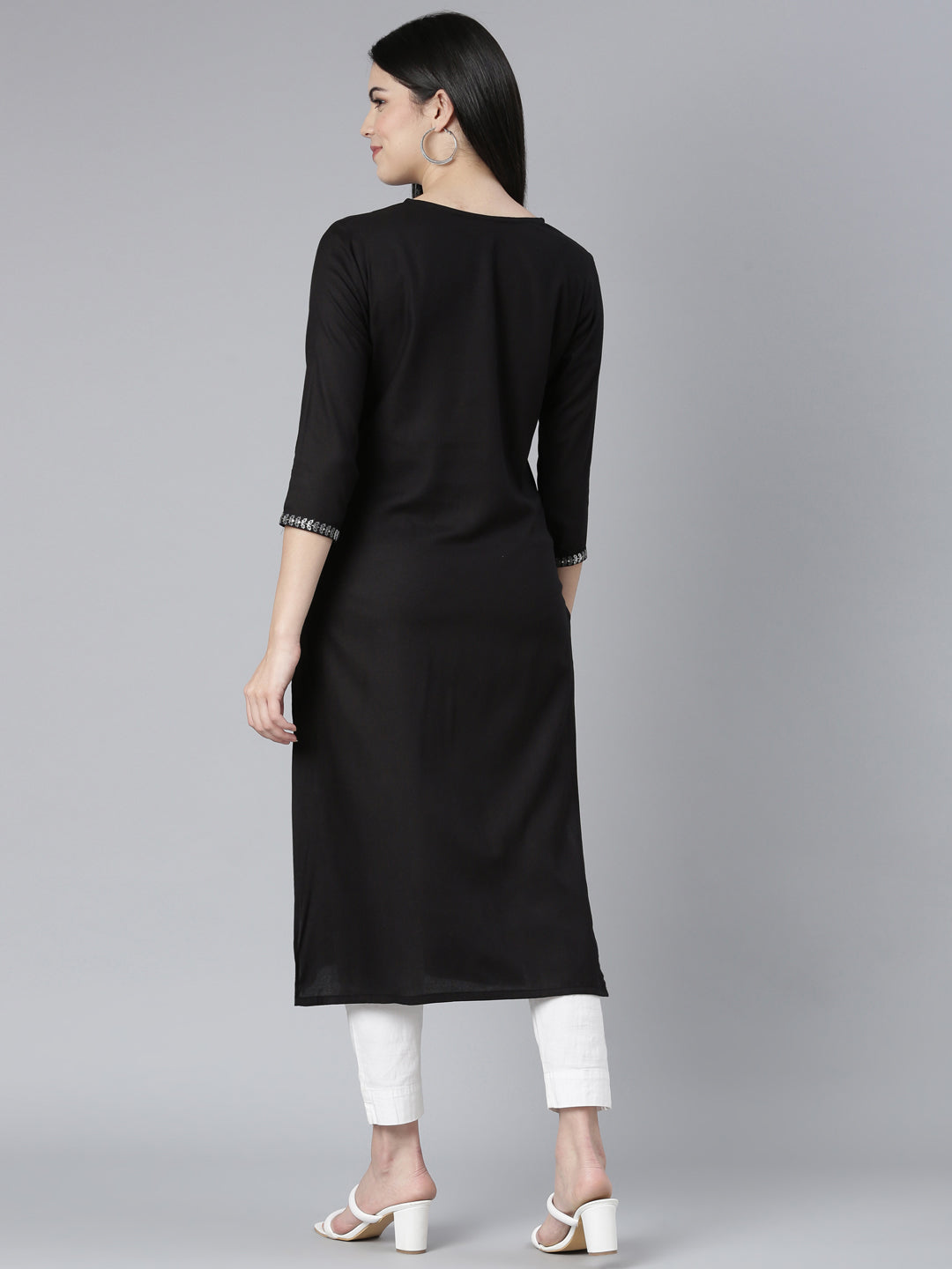 Neerus Black floral printed straight kurti - side view