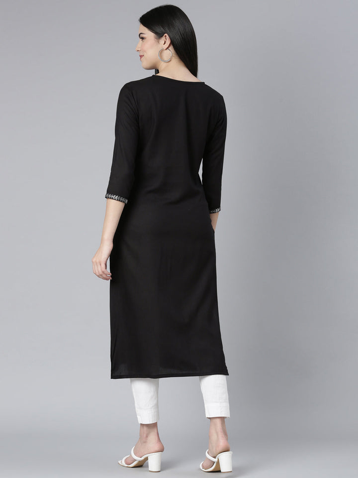 Neerus Black floral printed straight kurti - side view