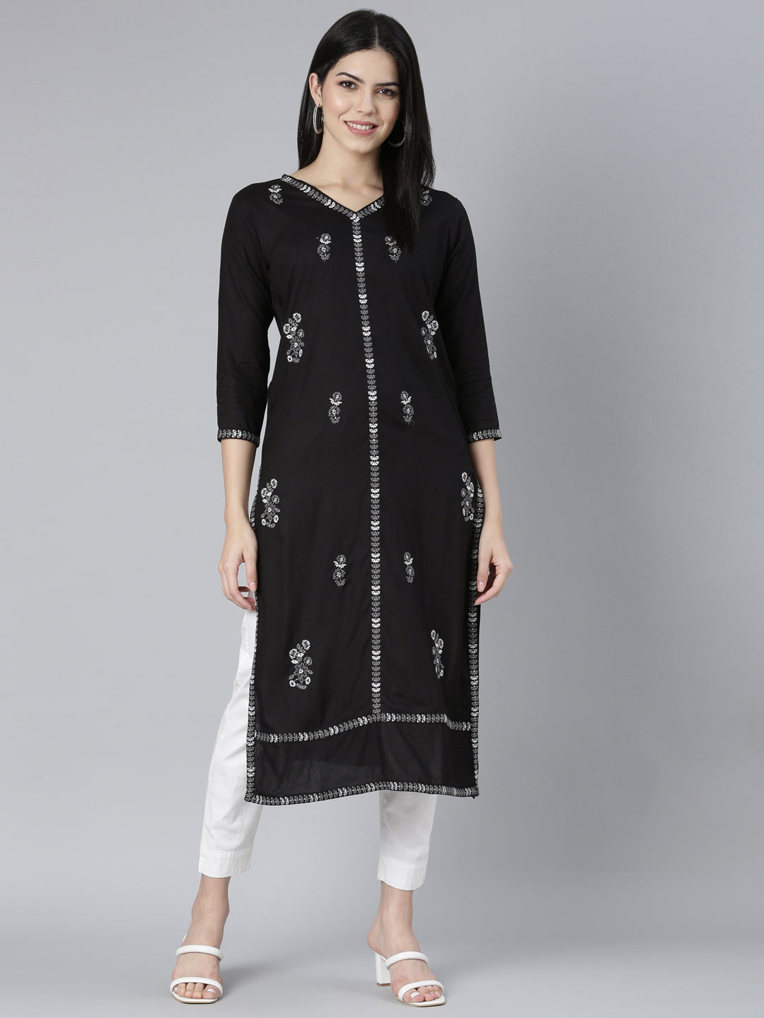 Neerus Black floral printed straight kurti - detail view 2