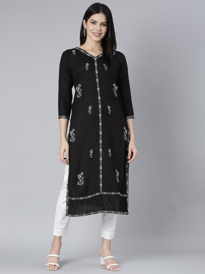 Neerus Black floral printed straight kurti - detail view 2