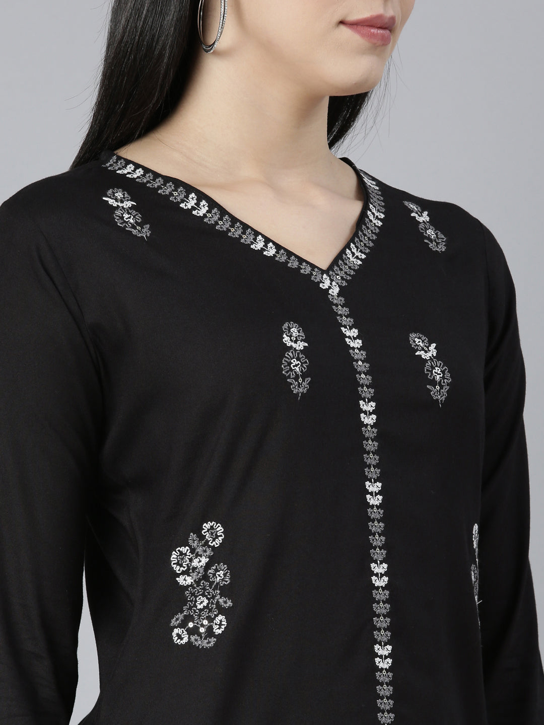 Neerus Black floral printed straight kurti - detail view 1
