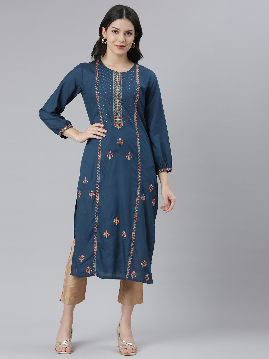 Neerus Blue Rayon Printed Straight Kurti - front view