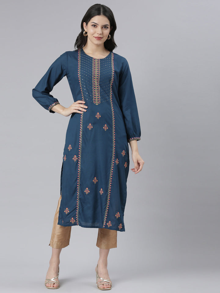Neerus Blue Rayon Printed Straight Kurti - front view