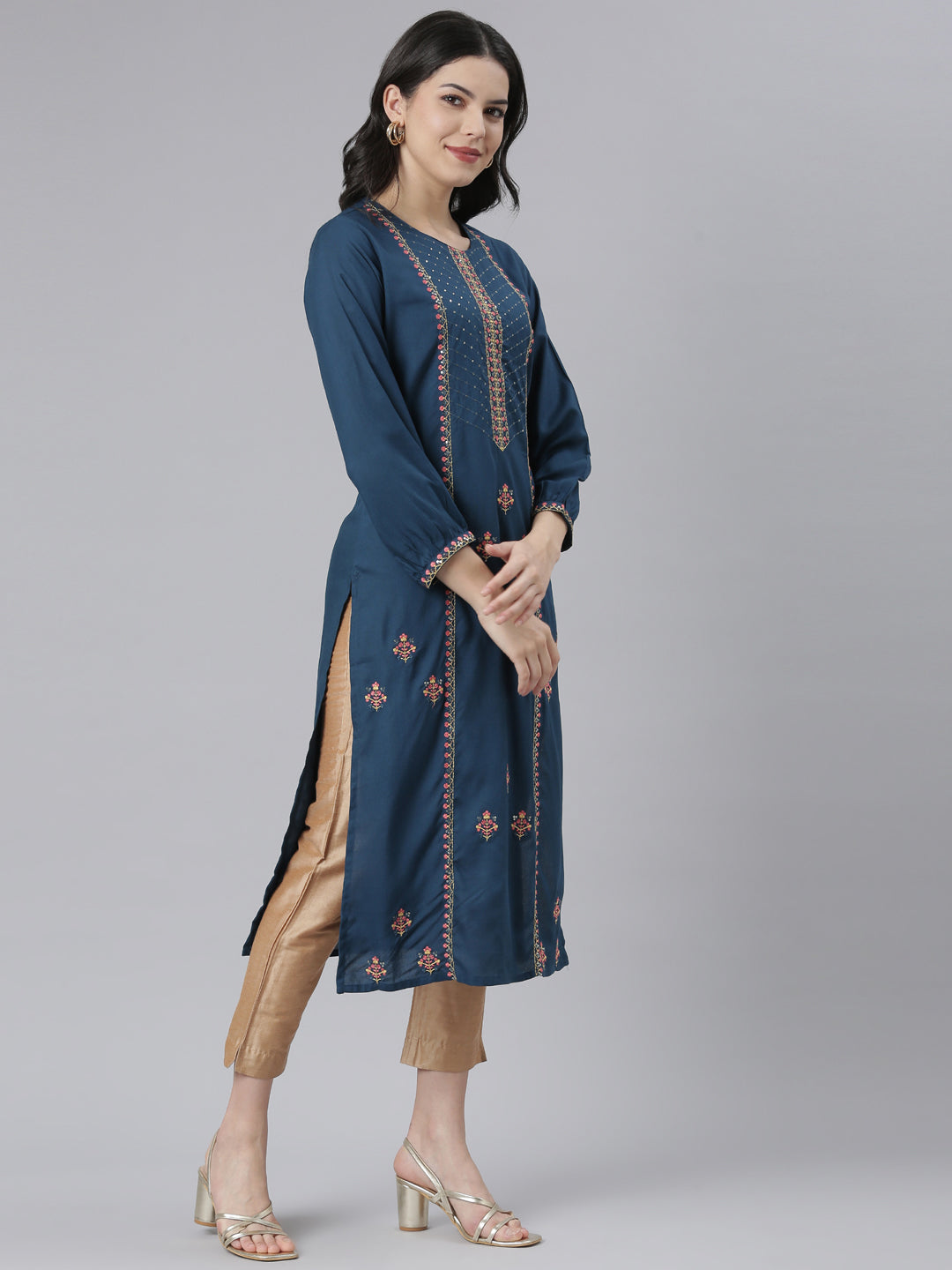 Neerus Blue Rayon Printed Straight Kurti - back view
