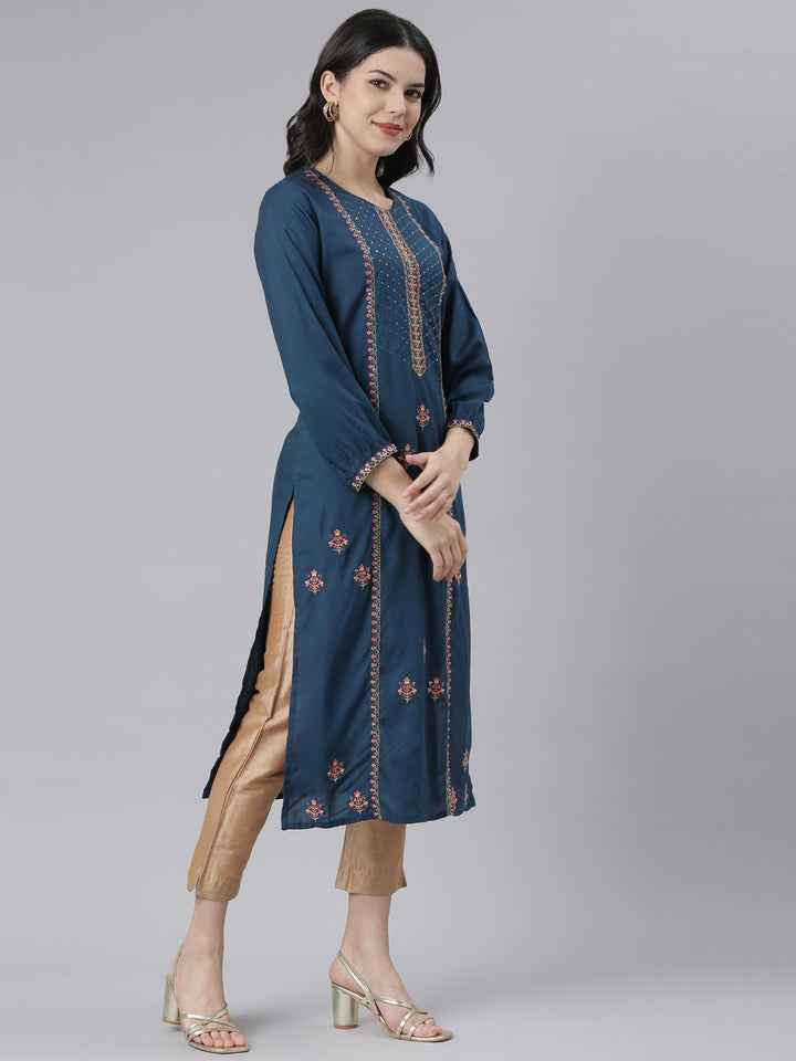 Neerus Blue Rayon Printed Straight Kurti - back view