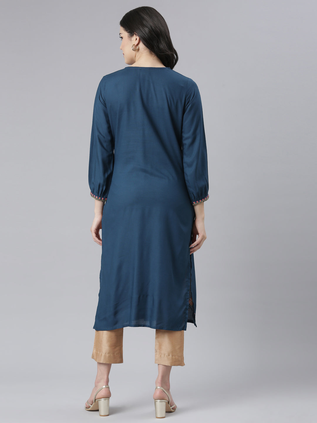 Neerus Blue Rayon Printed Straight Kurti - side view