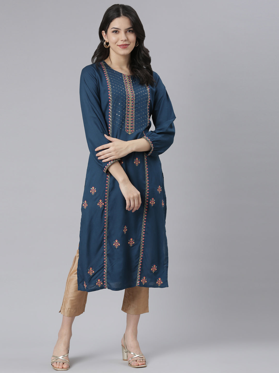 Neerus Blue Rayon Printed Straight Kurti - detail view 3