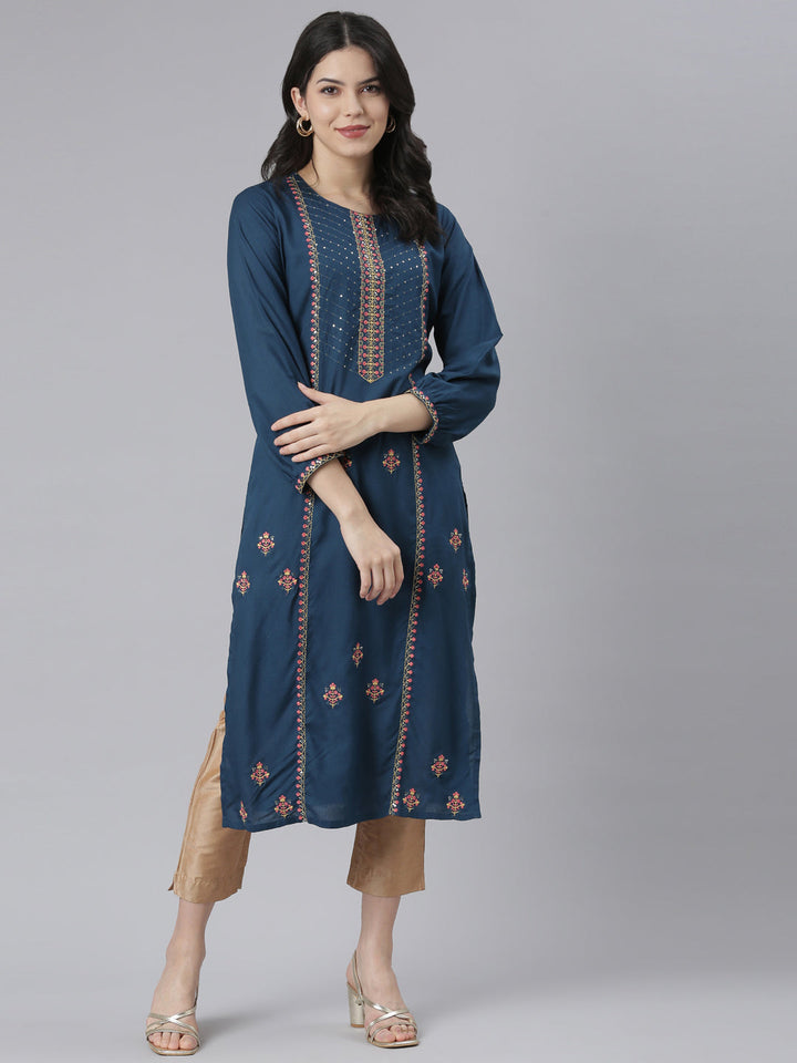 Neerus Blue Rayon Printed Straight Kurti - detail view 3