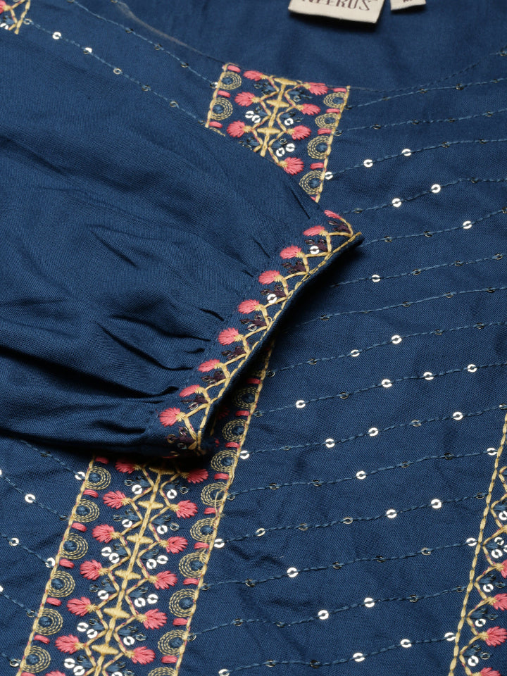 Neerus Blue Rayon Printed Straight Kurti - detail view 1