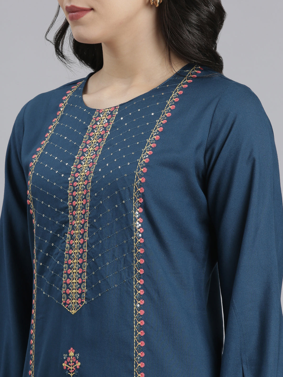 Neerus Blue Rayon Printed Straight Kurti - detail view 2