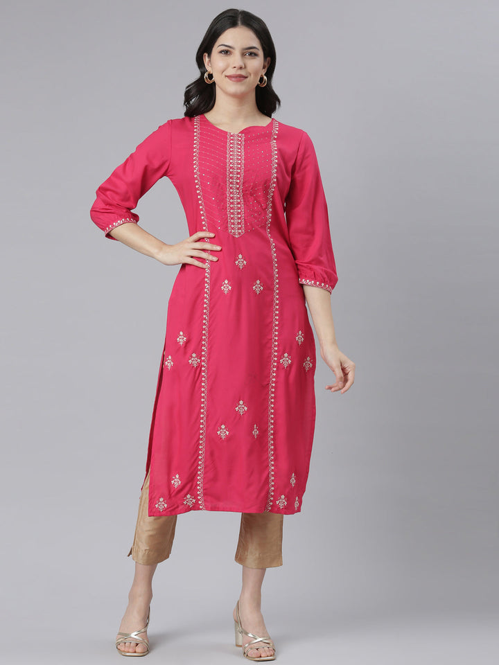 Neerus Pink rayon printed floral straight kurti - front view
