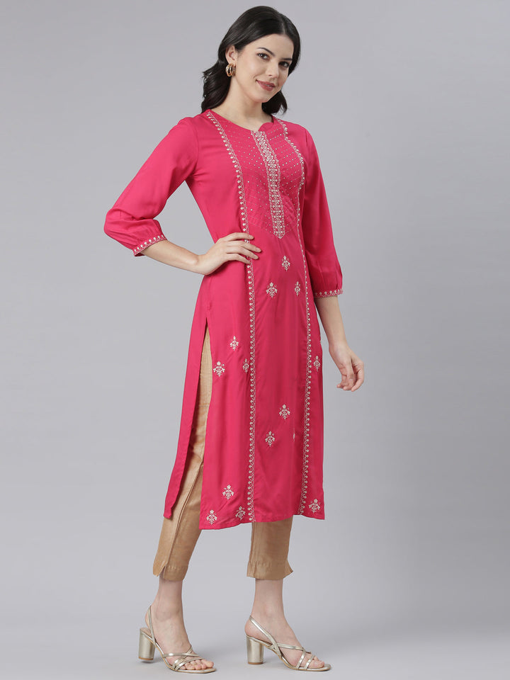 Neerus Pink rayon printed floral straight kurti - back view