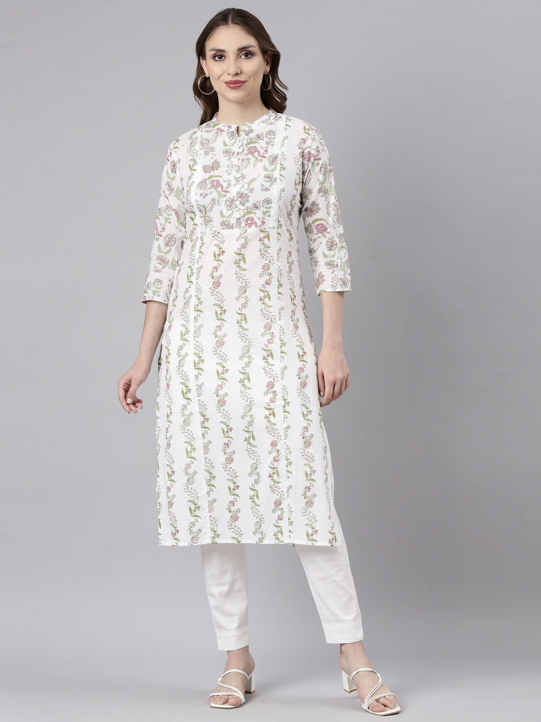 Neerus Grey printed floral straight kurti - front view