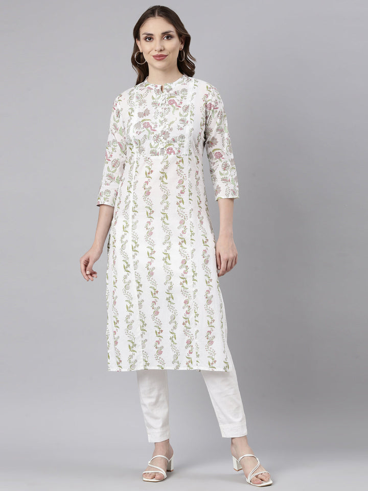 Neerus Grey printed floral straight kurti - front view