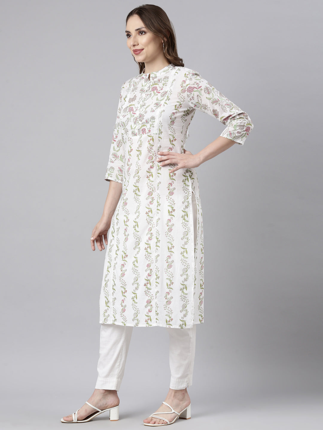 Neerus Grey printed floral straight kurti - back view