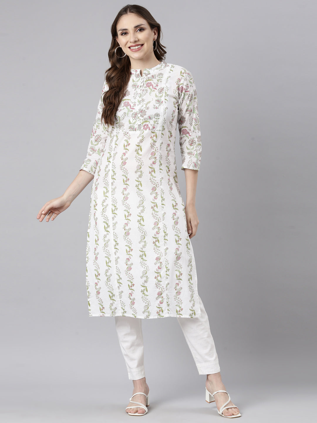 Neerus Grey printed floral straight kurti - detail view 1
