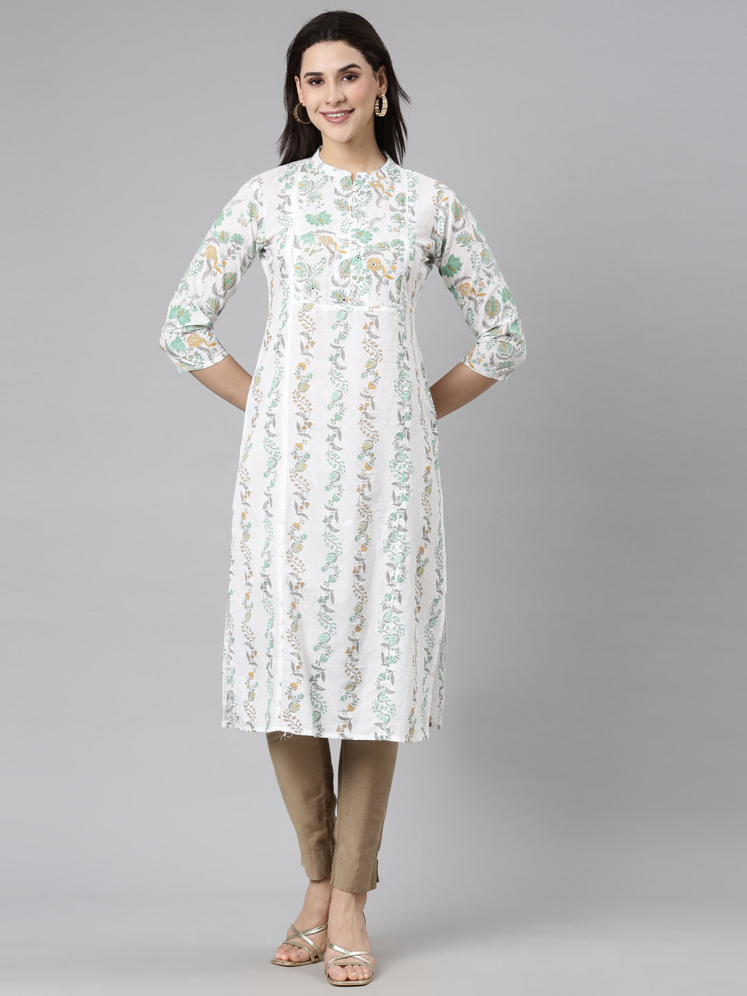 Neerus Green printed floral straight kurti - front view