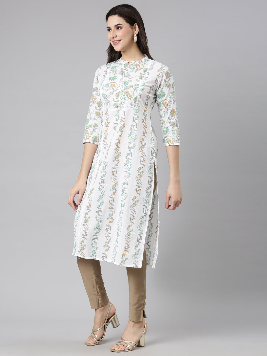 Neerus Green printed floral straight kurti - back view