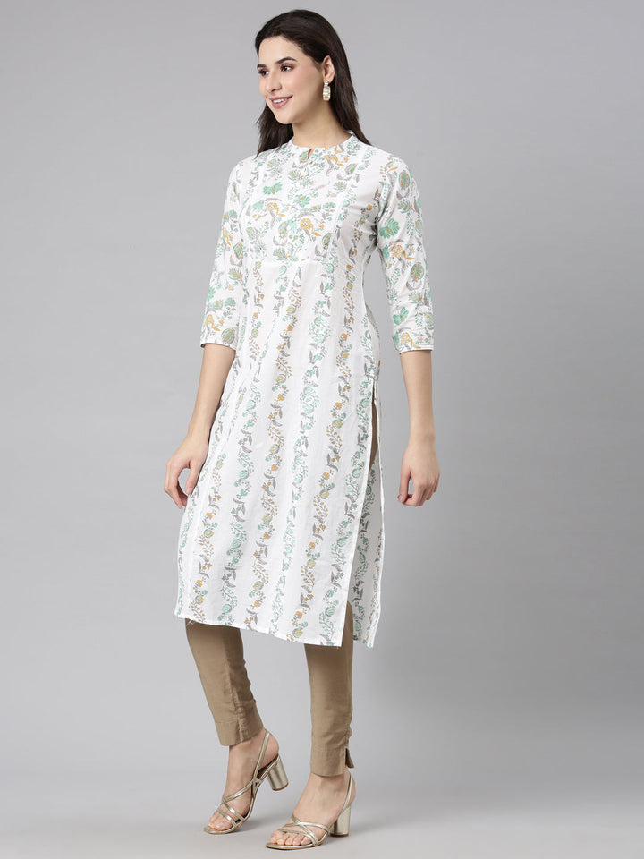 Neerus Green printed floral straight kurti - back view