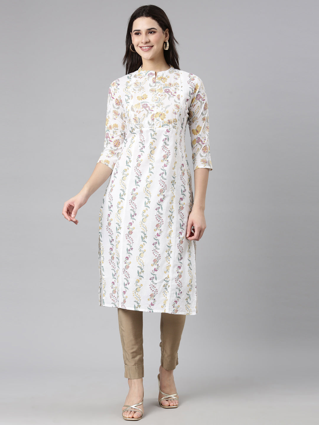 Neerus Yellow cotton printed floral straight kurti - detail view 3