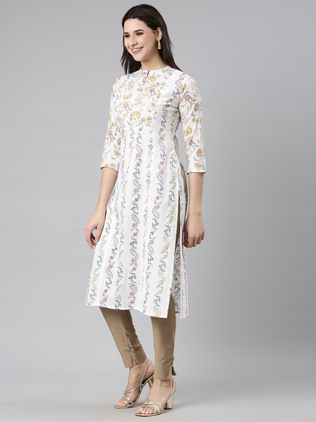 Neerus Yellow cotton printed floral straight kurti - back view