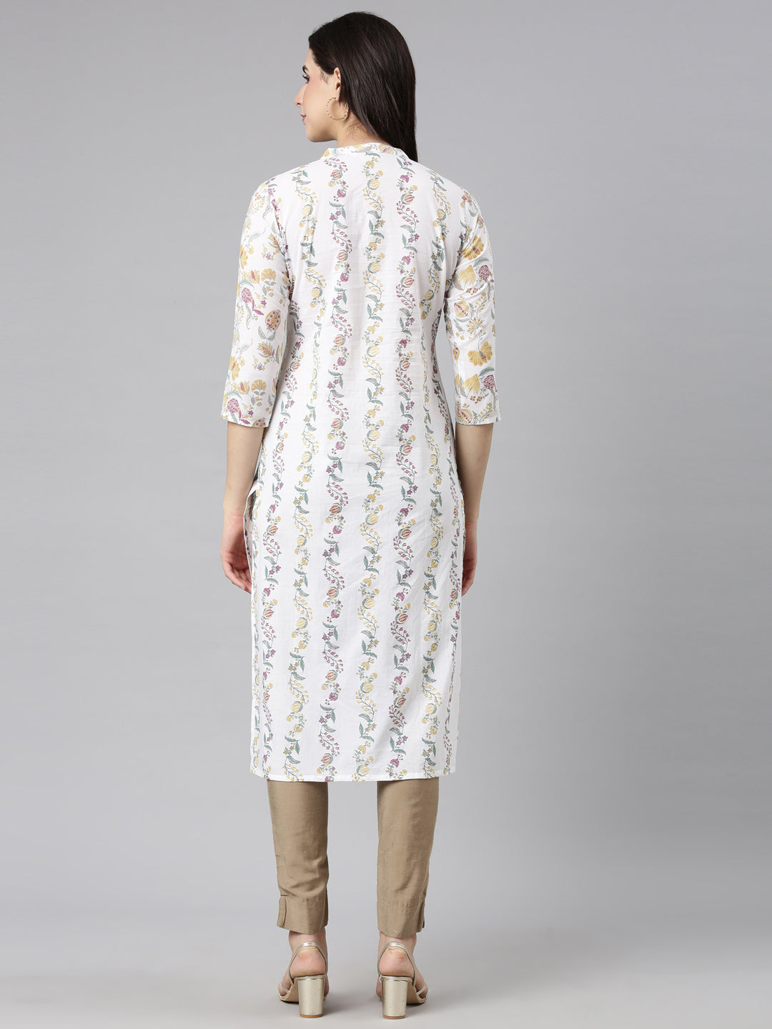 Neerus Yellow cotton printed floral straight kurti - side view
