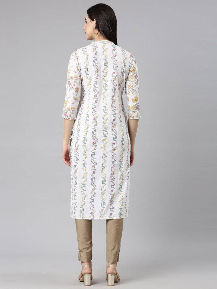 Neerus Yellow cotton printed floral straight kurti - side view