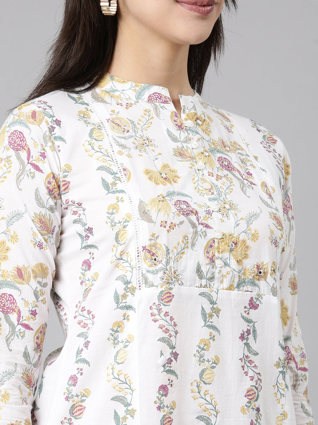 Neerus Yellow cotton printed floral straight kurti - detail view 1