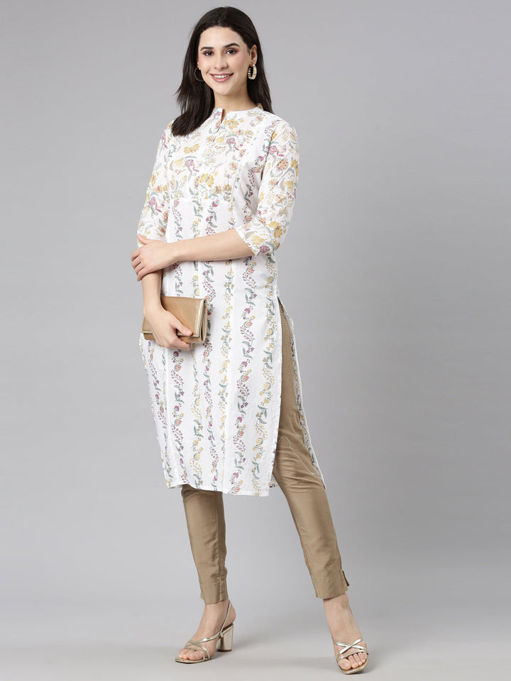 Neerus Yellow cotton printed floral straight kurti - detail view 2